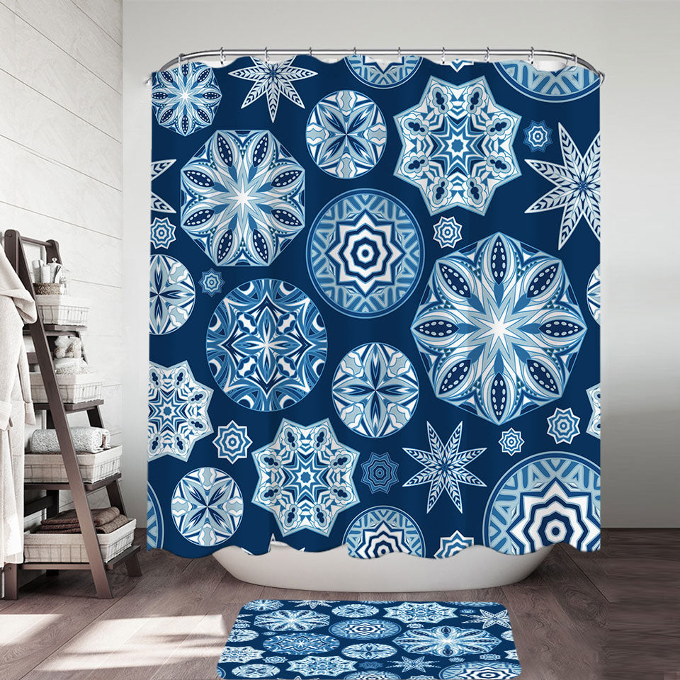 Sparkling Blue Shower Curtain Snowflakes Mandalas