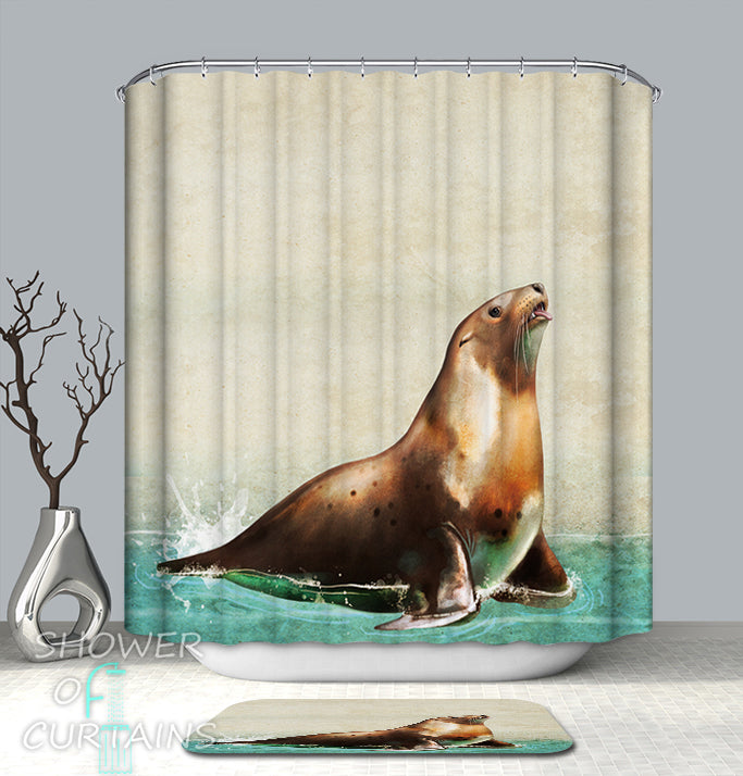 Splashing Water Seal Animal Shower Curtain