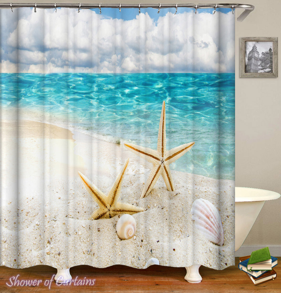 Starfish Shower Curtain - Two Starfish On The Beach Shower Curtain