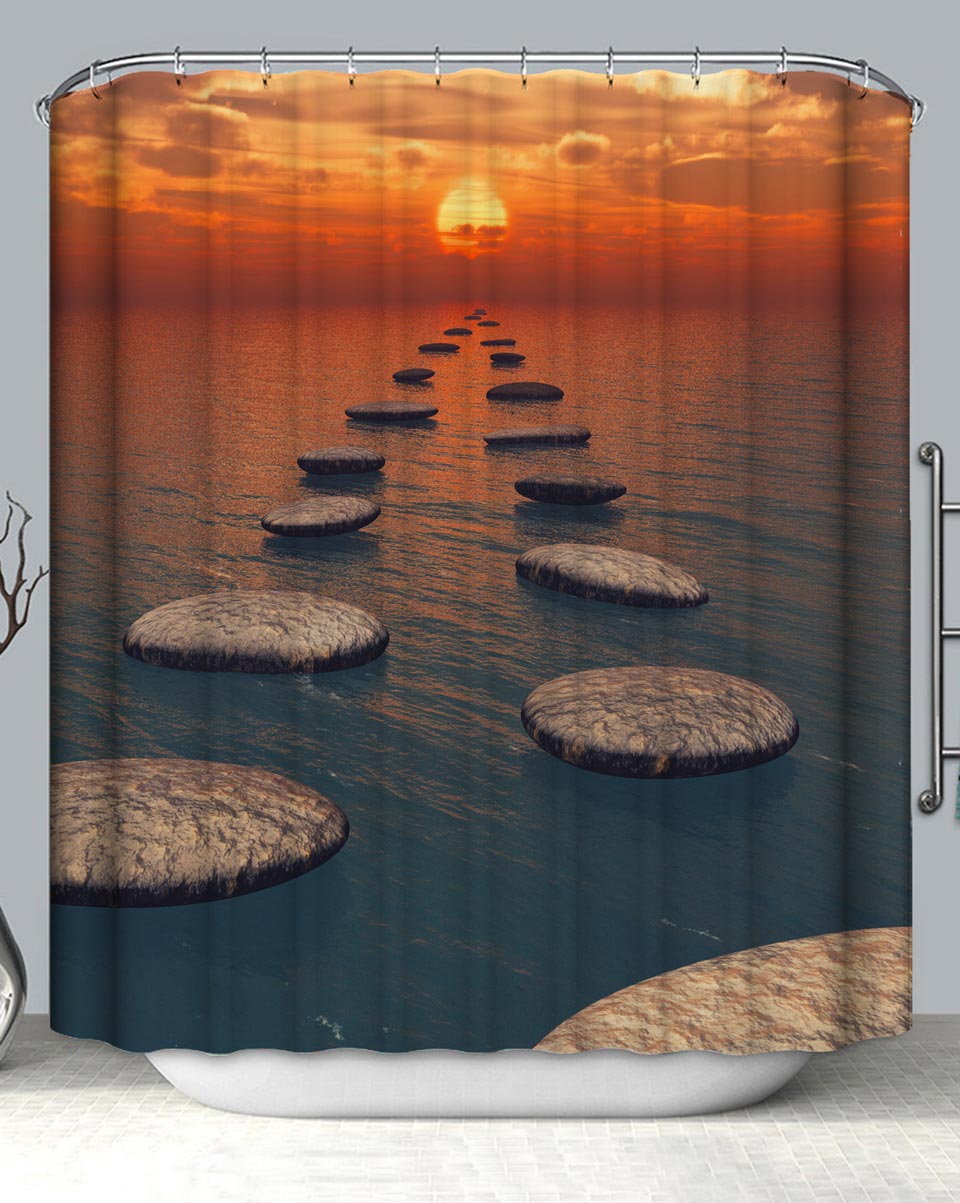 Stepping Stones Bridge Toward Ocean Sunset Shower Curtain