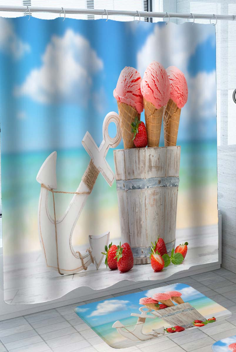 Strawberry Ice Cream Shower Curtain with Anchor at the Beach