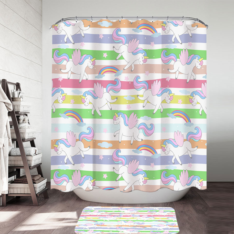 Stripes and Rainbow Unicorn Kids Shower Curtains