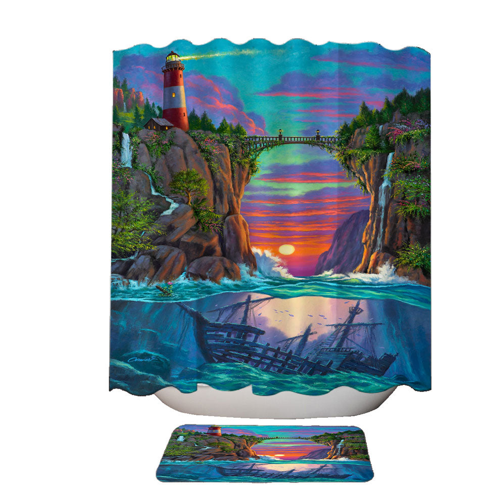 Stunning Art Sunset Sunken Ship and Lighthouse Shower Curtains