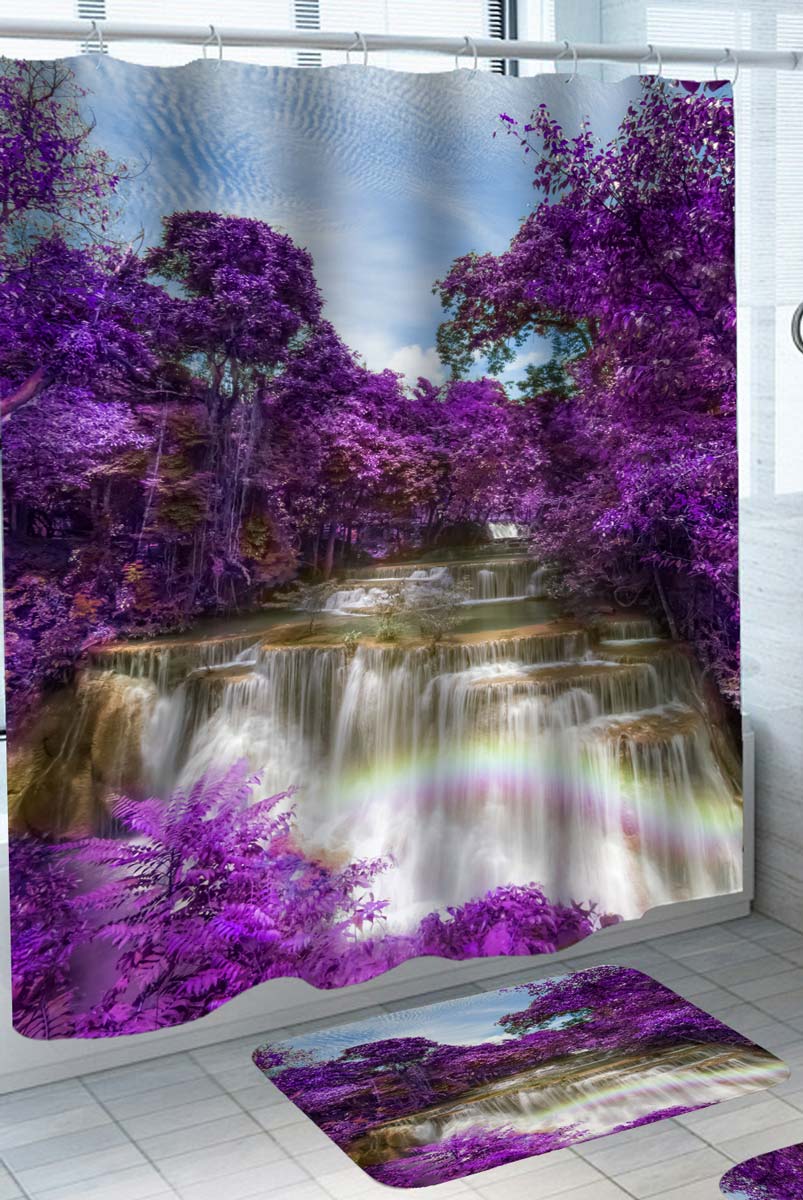 Stunning Nature Shower Curtain of Purple Forest by the Waterfall