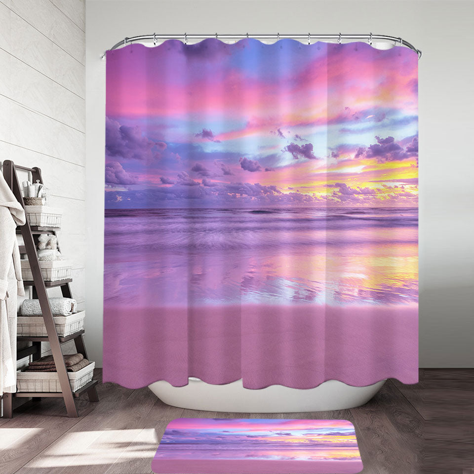 Stunning Shower Curtains Ocean During Purplish Sunset Shower Curtain and Bath Mat