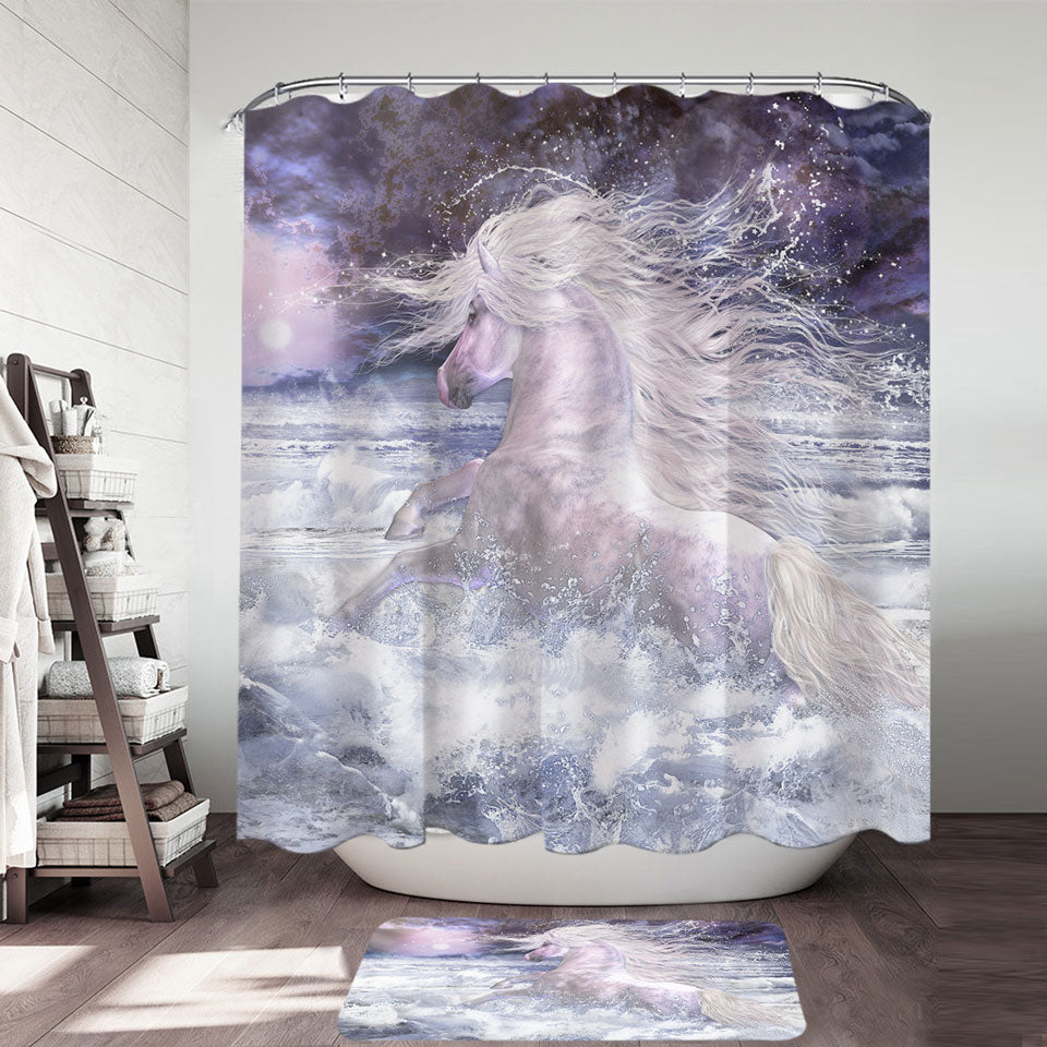 Stunning Unique Shower Curtains White Horse Running in the Ocean