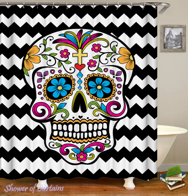 Sugar Skull Shower Curtain Design - Sugar Skull Black & White Chevron