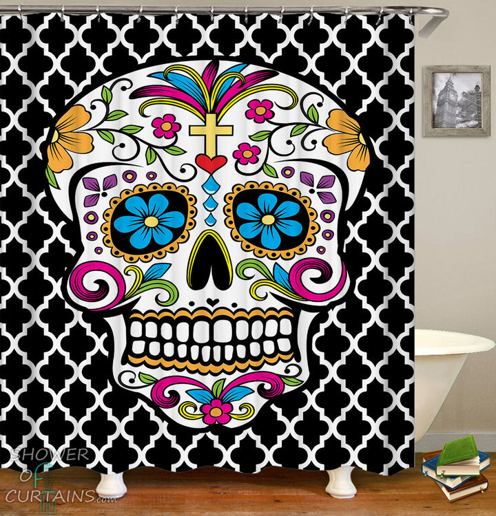Sugar Skull Shower Curtain Print Over Moroccan shape pattern