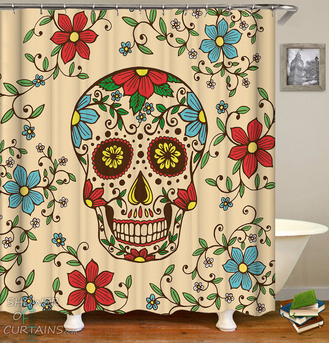 Sugar Skull Shower Curtain of Red And Blue Flowers Skull