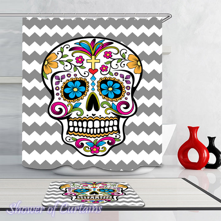Sugar Skull Shower Curtain of Sugar Skull Grey And White Chevron