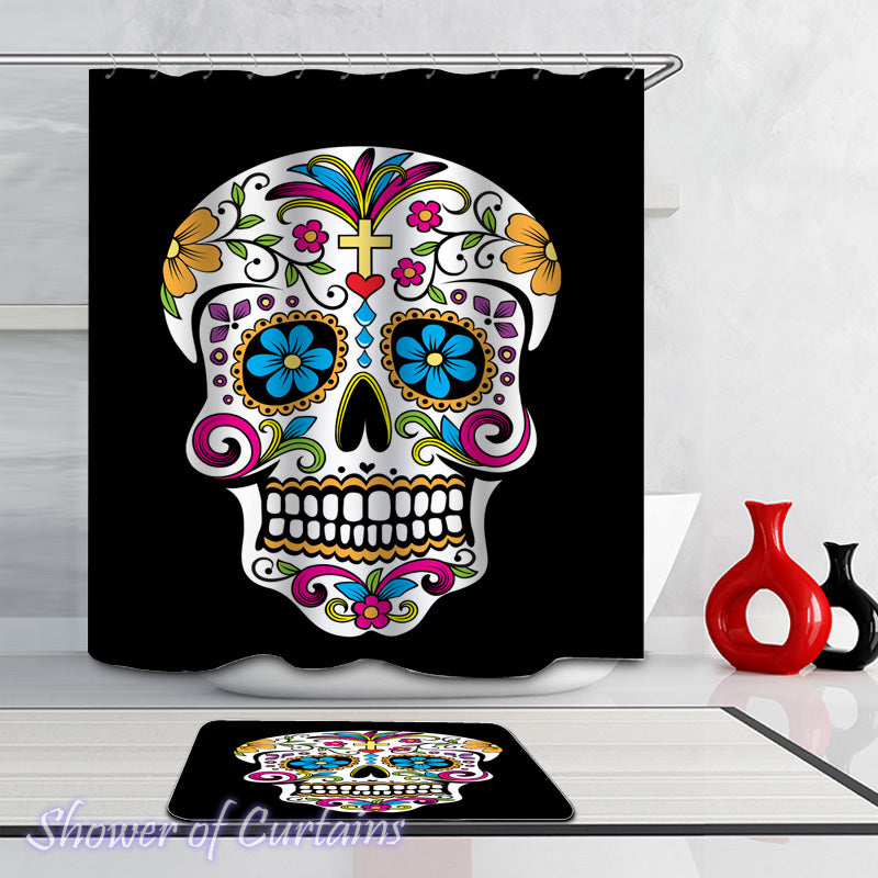 Sugar Skull Shower Curtains of Colorful Sugar Skull Over The Black