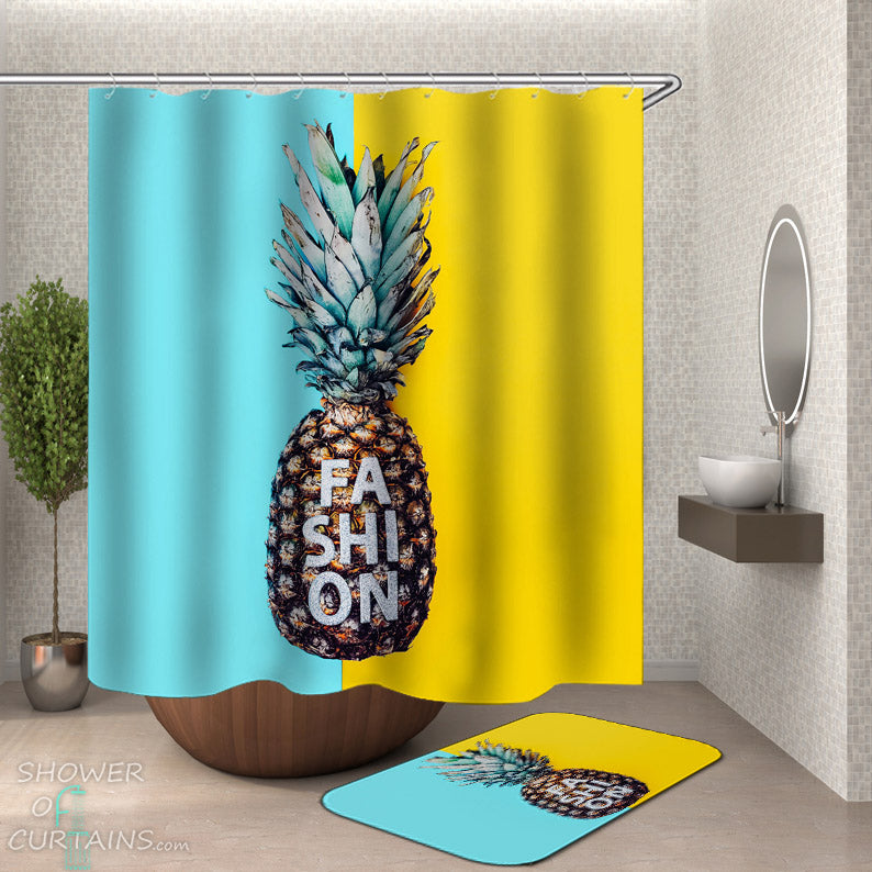 Summer Bathroom Decor - Fashion Pineapple Shower Curtain and Bath Mat