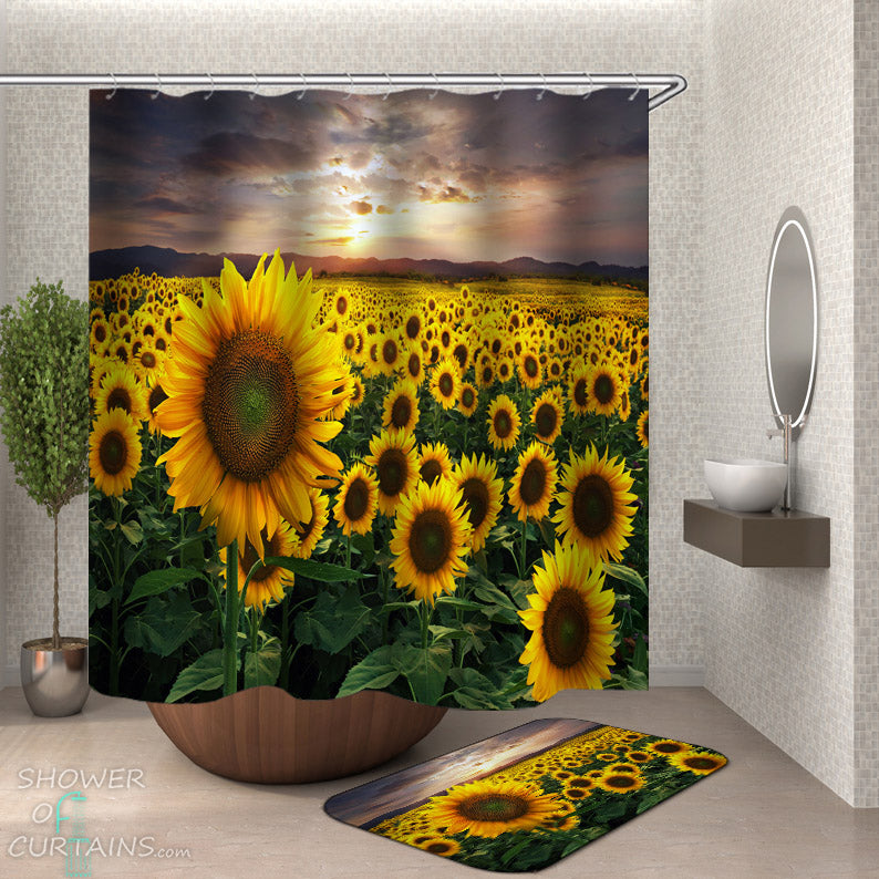 Sunflower Bathroom Decor - Fresh Sunflower Field Shower Curtain and Bath Mat