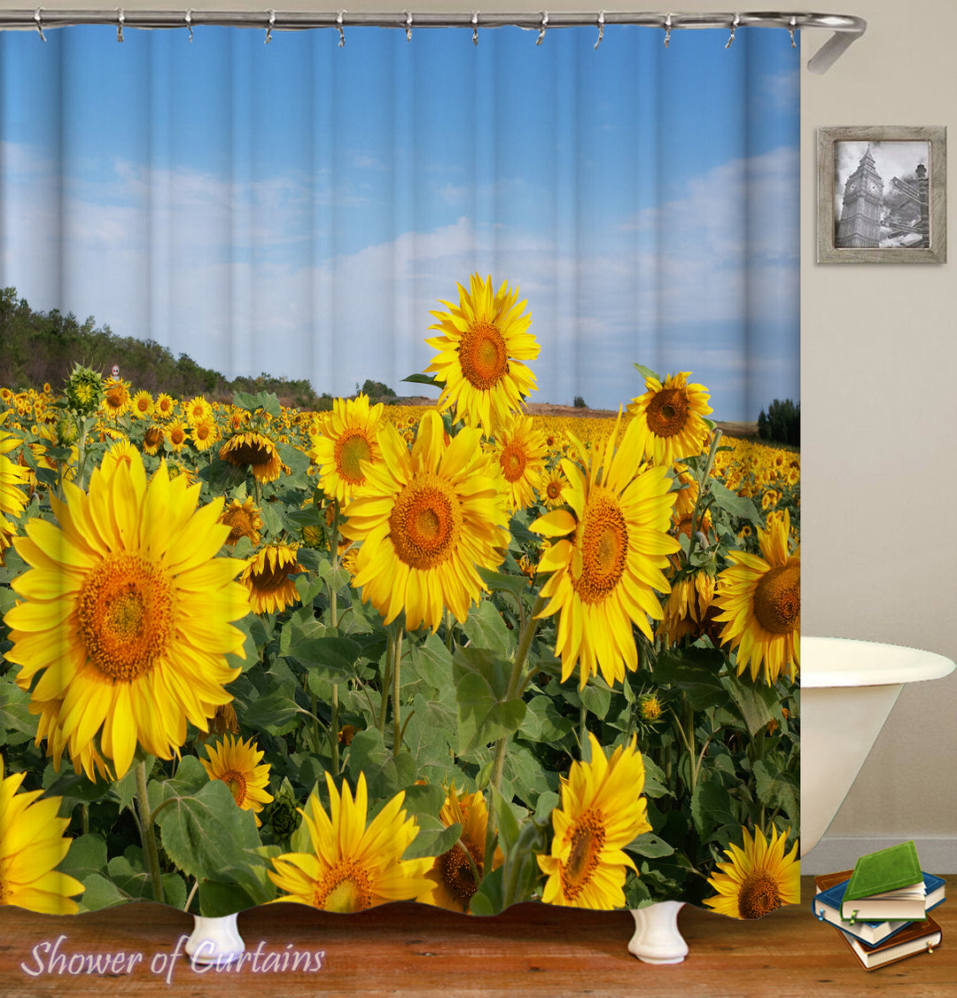Sunflower Shower Curtain - Sunflowers Field Under Blue Sky