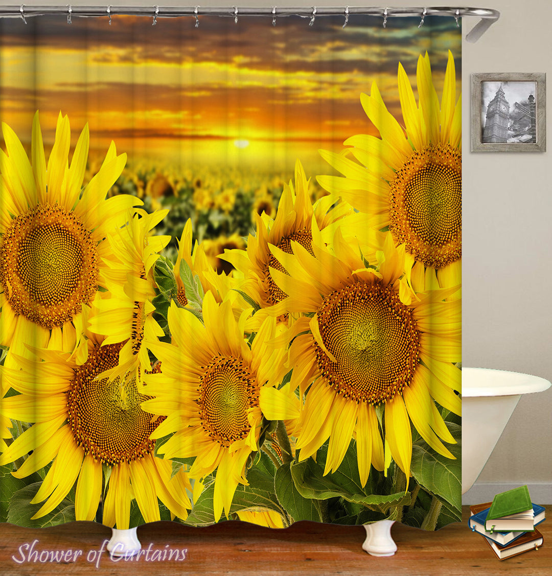 Sunflower shower curtain - Sunset Over The Sunflower Field