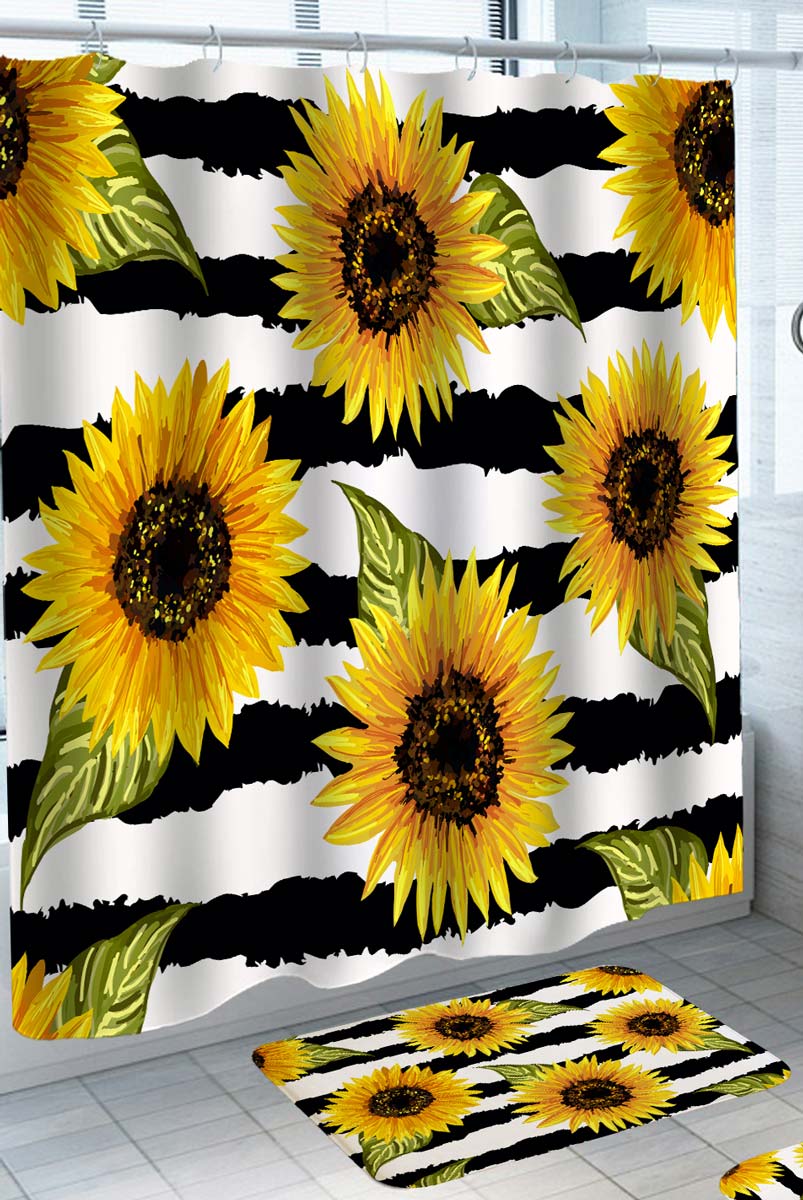 Sunflowers Painting over Black and White Shower Curtains