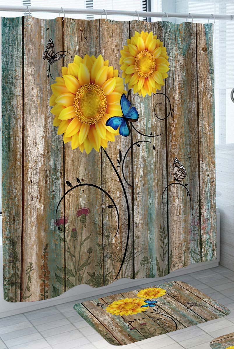 Sunflowers and Butterflies Over Wood Deck Rustic Shower Curtain