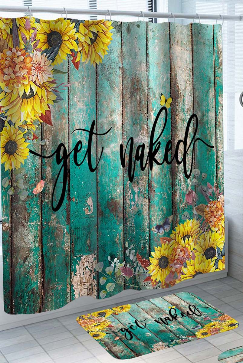 Sunflowers on Turquoise Old Worn Deck Get Naked Shower Curtain