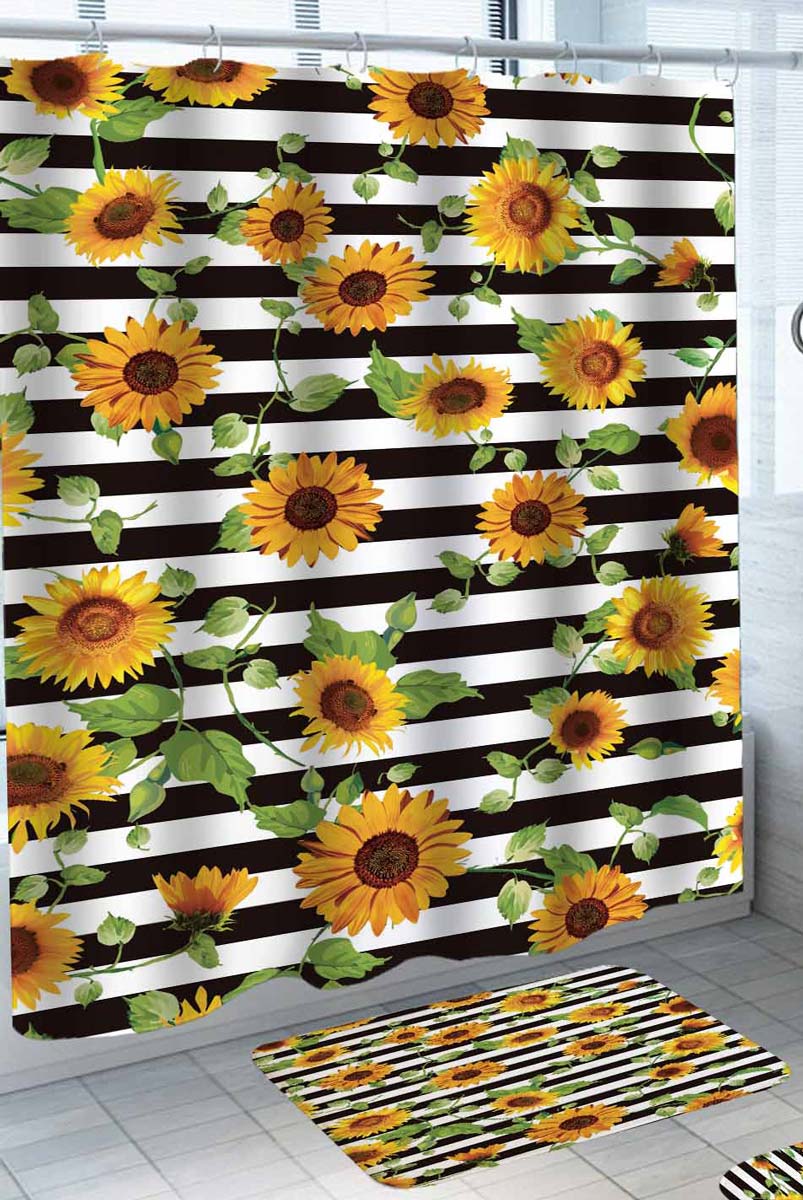 Sunflowers over Black and White Stripes Shower Curtain