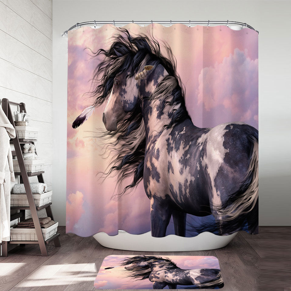 Sunset Clouds Shower Curtain behind Black and White Pinto Horse