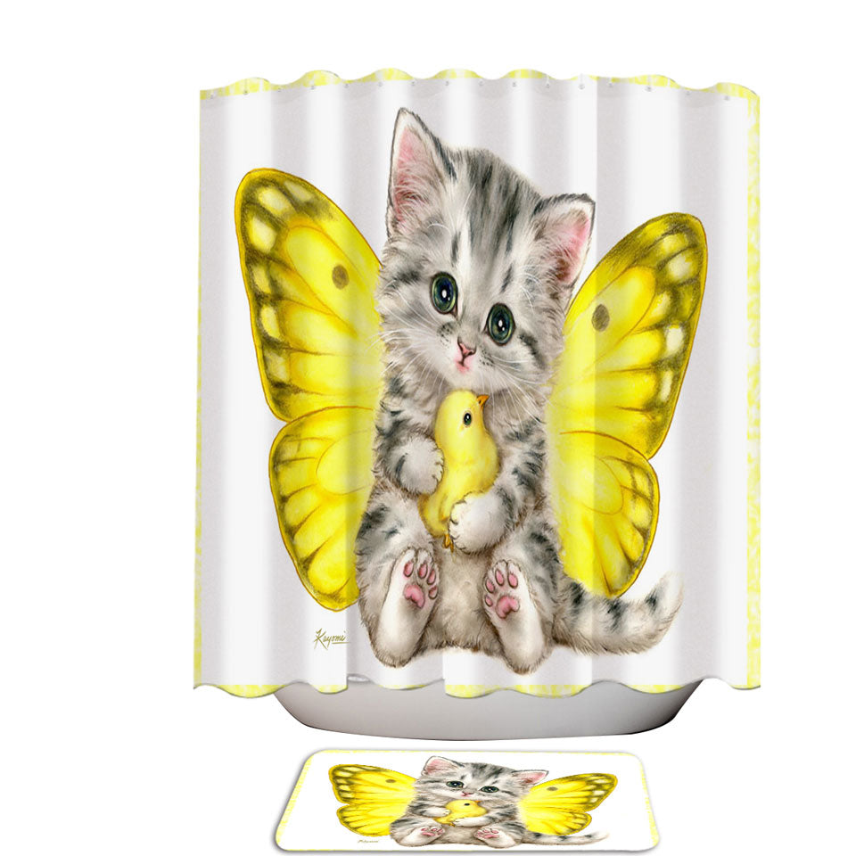 Sweet Yellow Butterfly Kitten and Chick Shower Curtain
