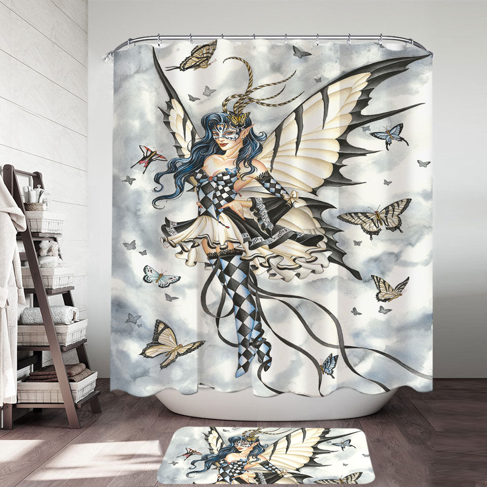 Symphony in Black and White Butterflies Fairy Girls Shower Curtain