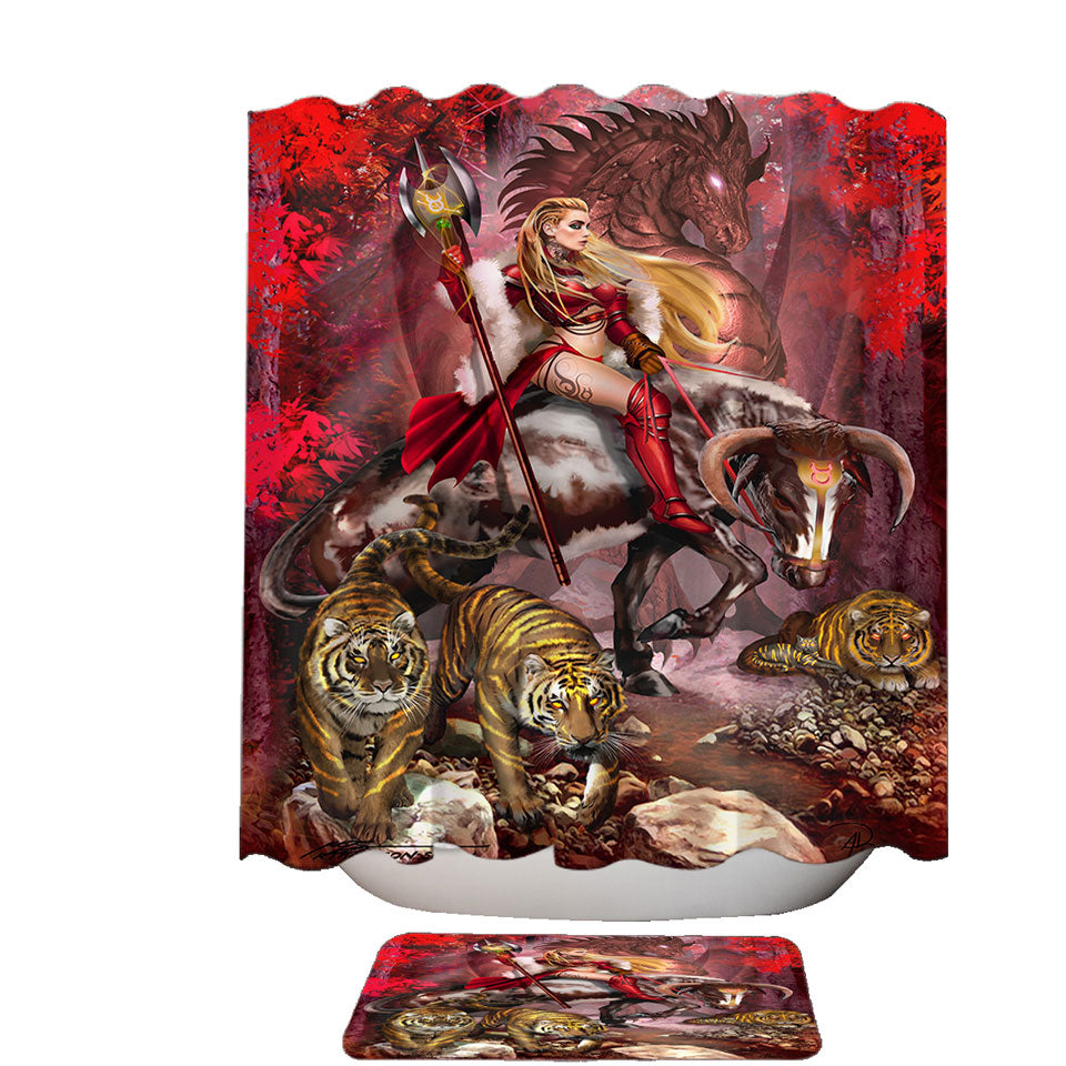 Taurus Bull Woman Warrior Dragon and Tigers Shower Curtain