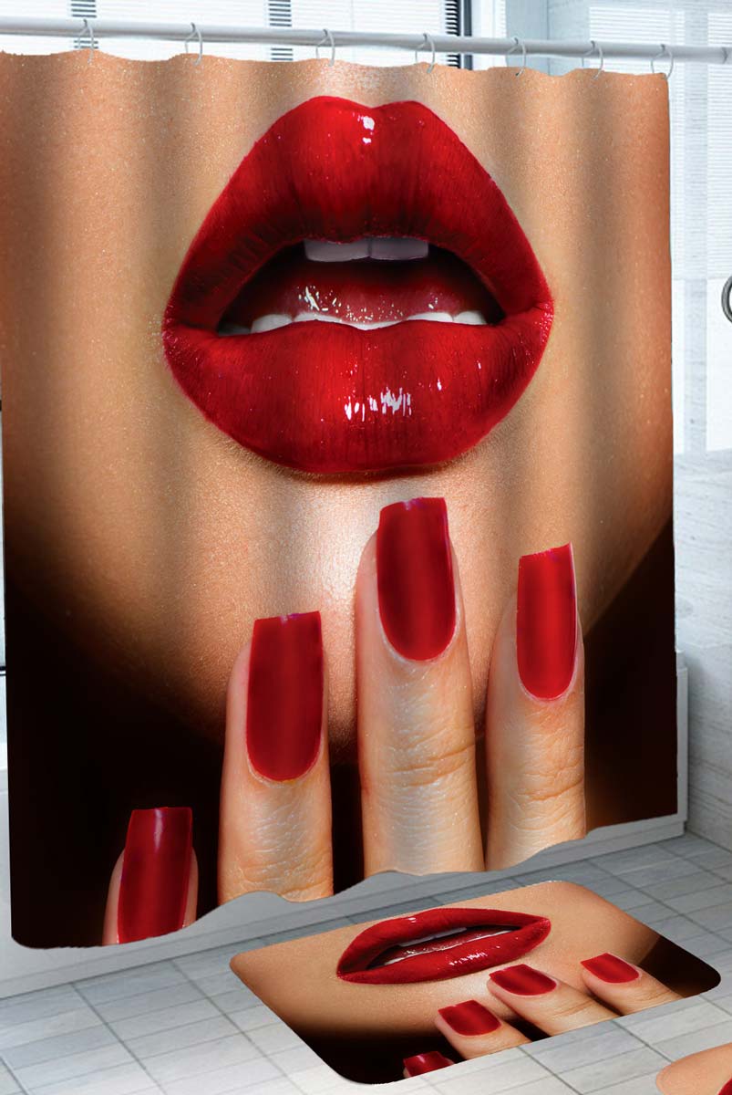 Tempting Red Lips and Nails Woman Shower Curtain