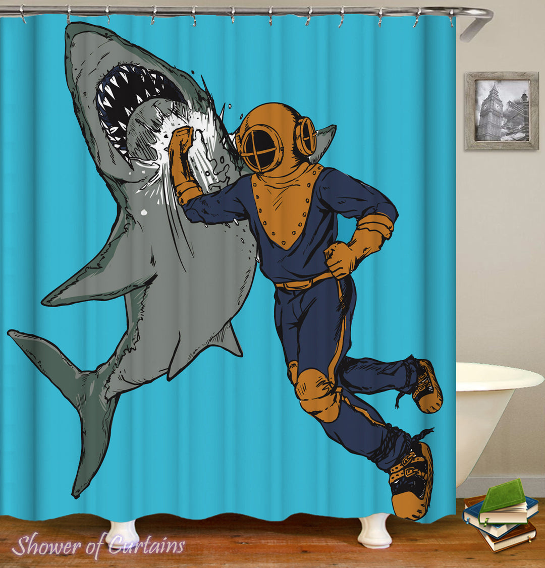 Themed shower curtains of Scuba Diver Hitting A Shark