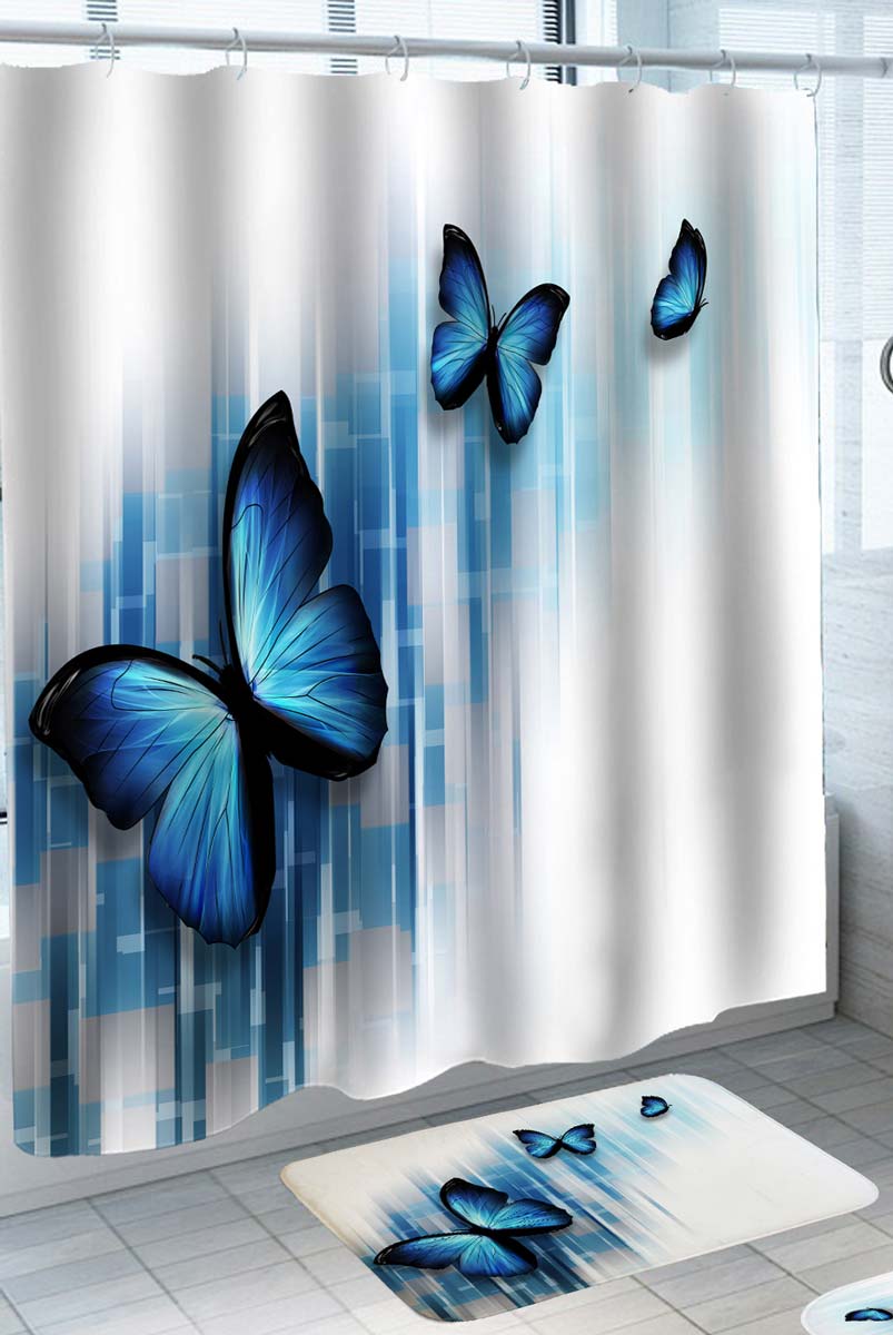 Three Blue Butterflies Shower Curtain Made of Fabric