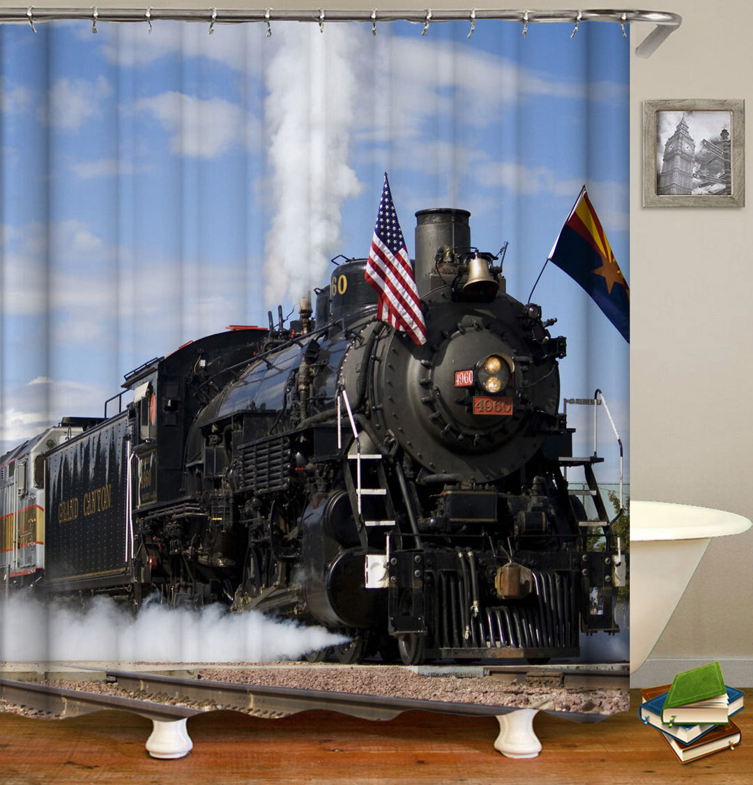 Train Shower Curtain Vintage Old Fashioned Style Steam Train