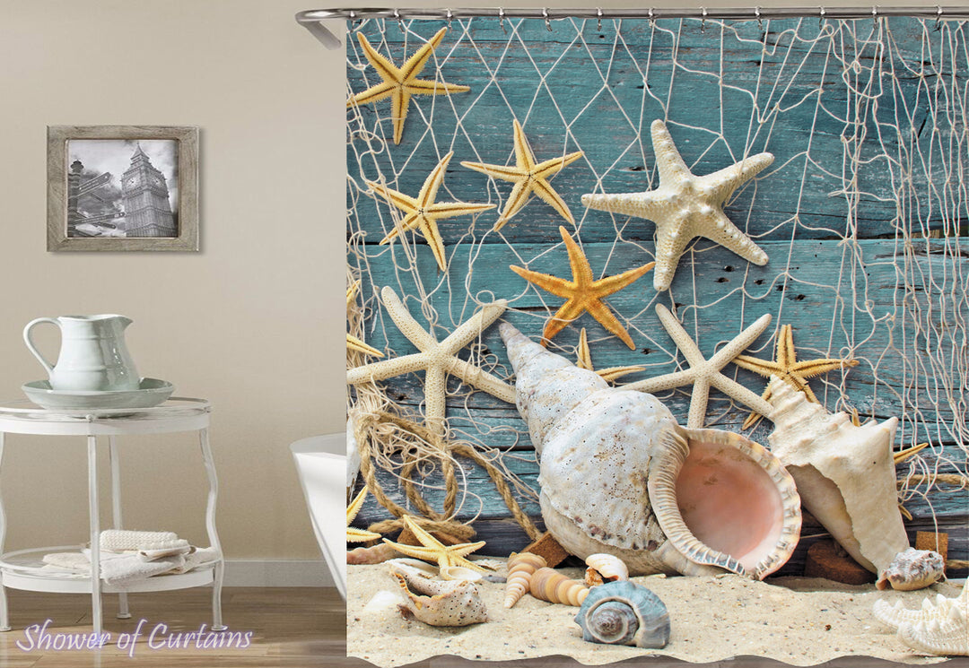 Seashell Starfish Shower Curtain Waterproof Modern Fabric Bathroom