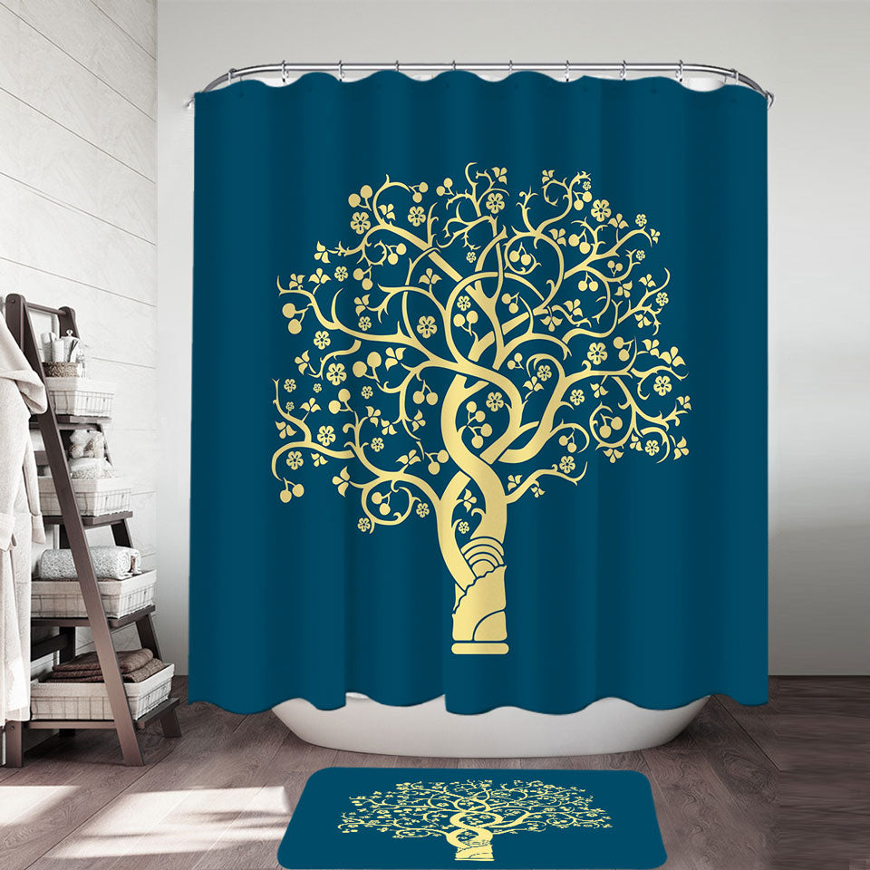 Tree Shower Curtain Golden Yellow Tree over Blue