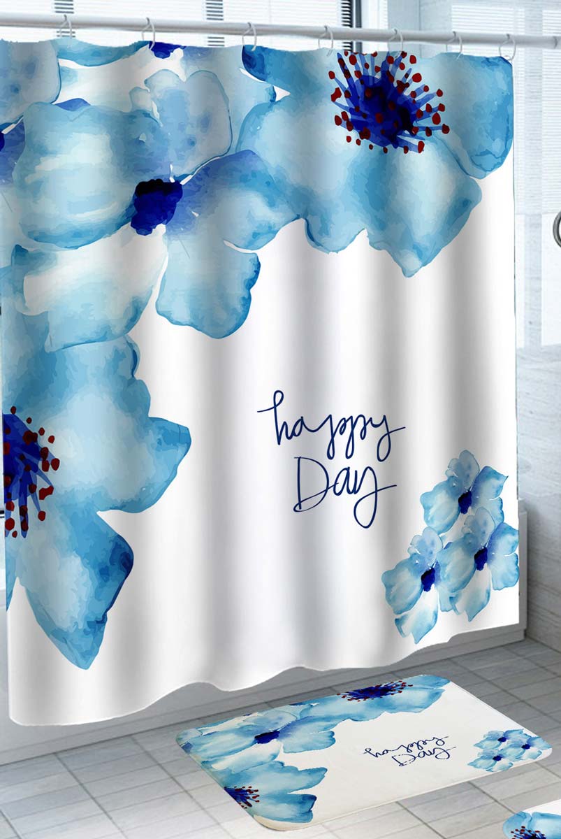 Happy Day Watercolor Blue Violet Flowers Shower Curtain Of Curtains