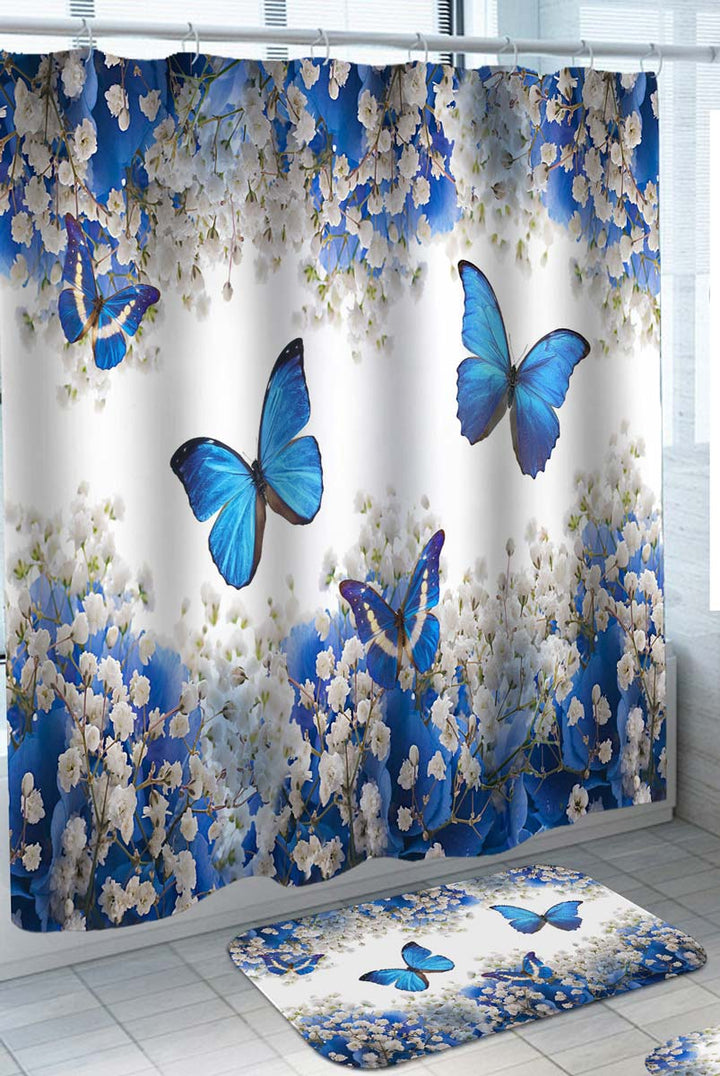 Trendy Shower Curtains Blue and White Flowers with Blue Butterflies