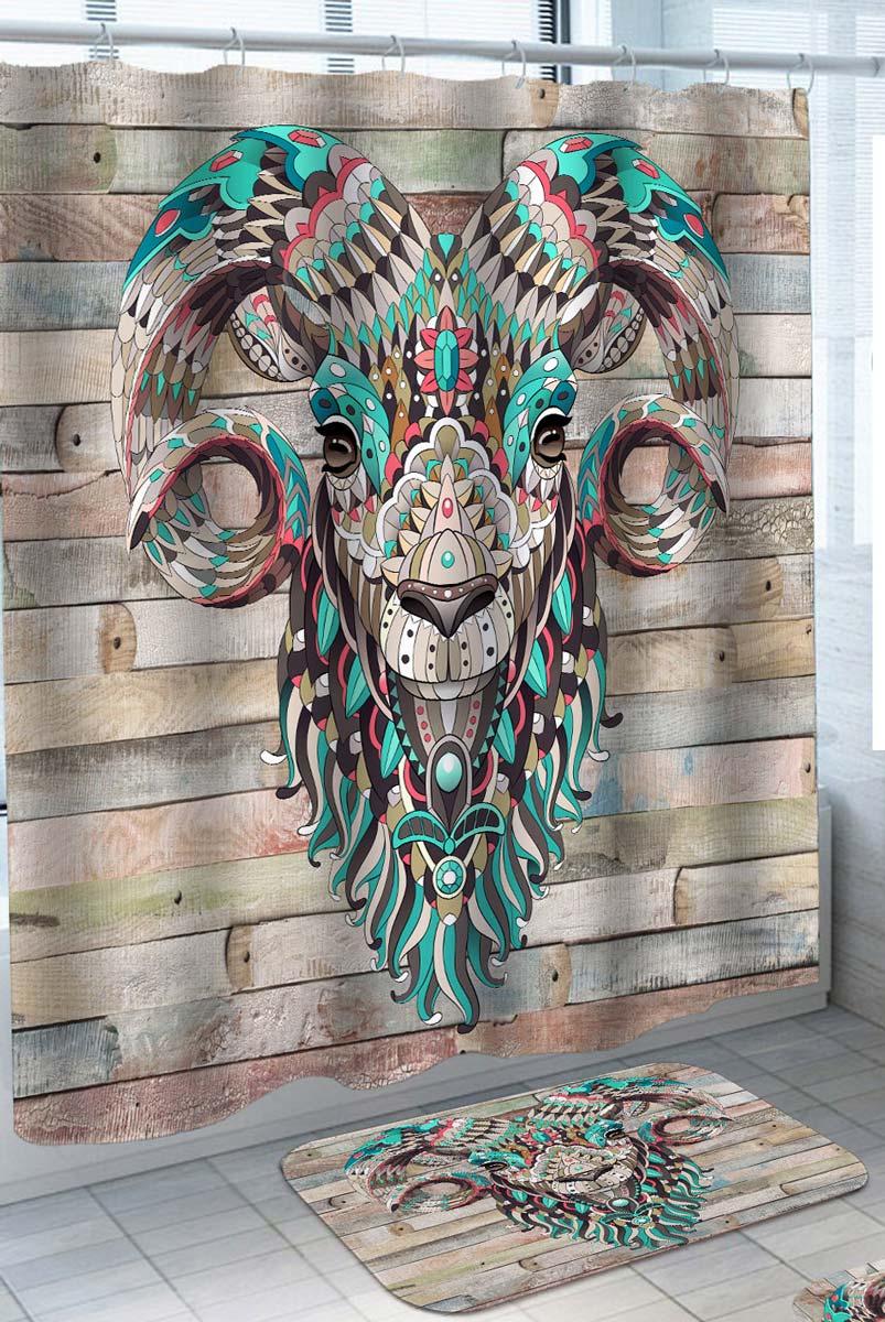 Trendy Shower Curtains Multi Colored Oriental Design Ram Sheep Shower Curtain and Floor Rug