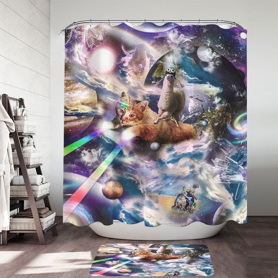 Trendy Shower Curtains with Cool Crazy Space Llama Riding Rainbow Laser Cat Unicorn