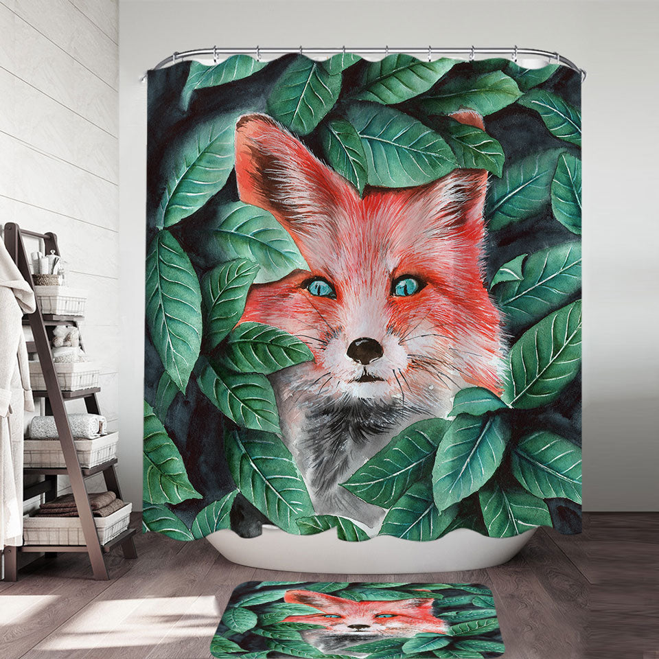 Trendy Shower Curtains with Green Leaves and Cute Hidden Fox