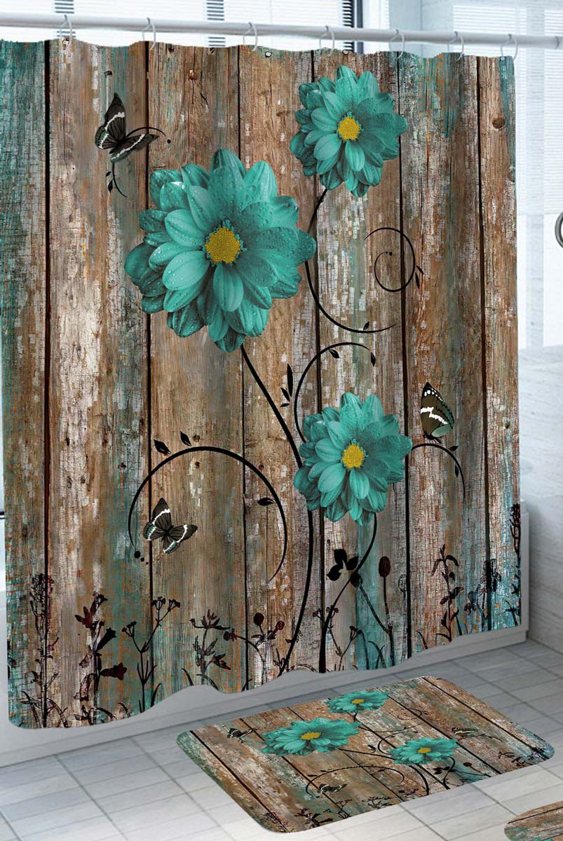 Trendy Shower Curtains with Turquoise Flowers and Butterflies on Wood Deck