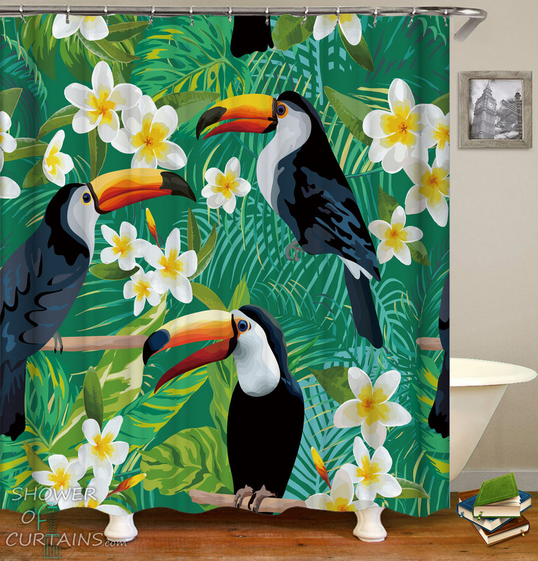 Tropcial Shower Curtains - Toucans Fit Plumerias Over The Green