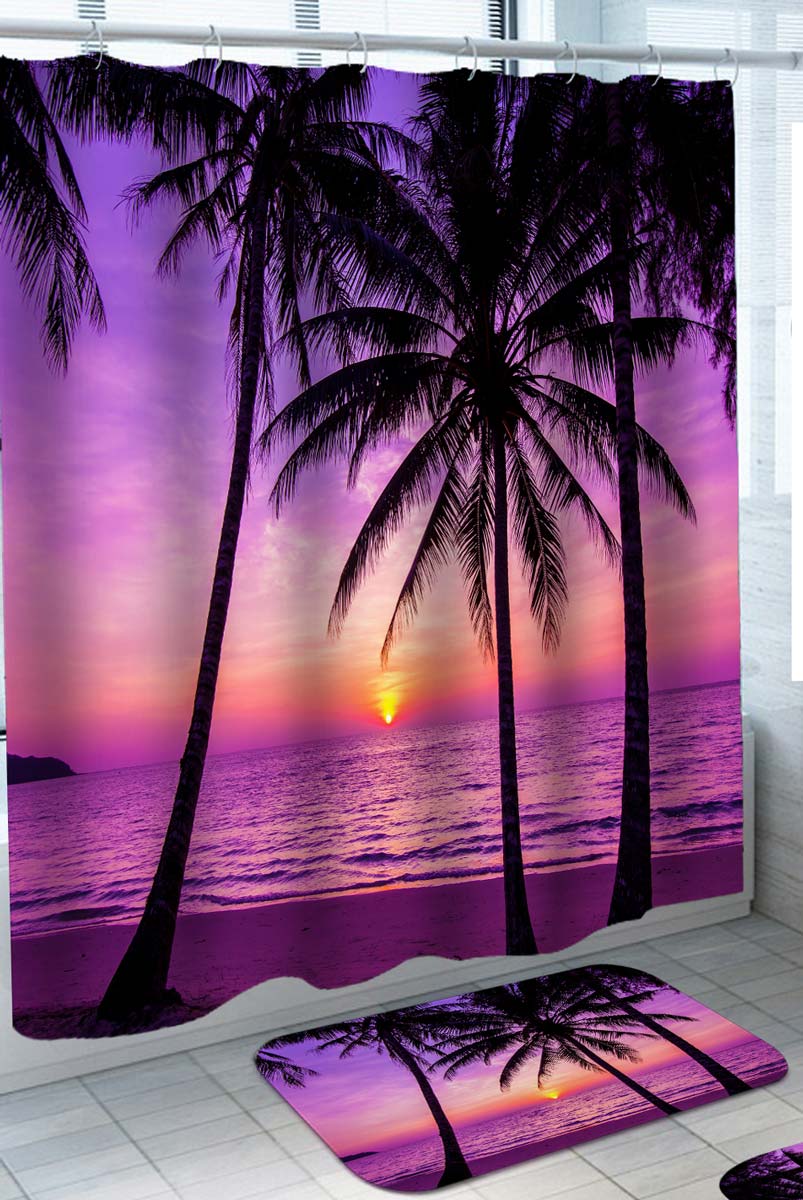 Tropical Beach Shower Curtain with Purple Sunset