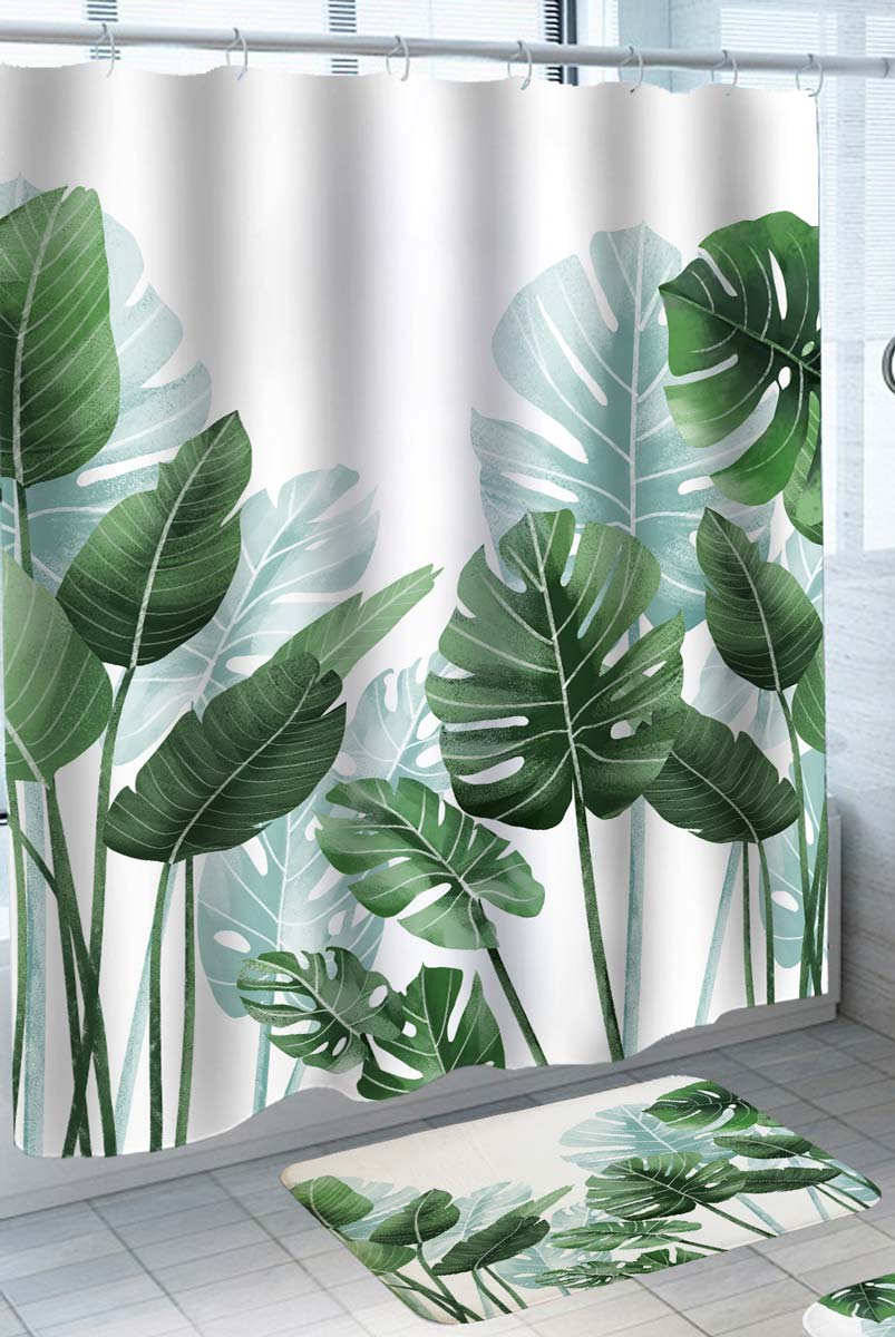 Tropical Monstera and Banana Green Leaves Shower Curtain