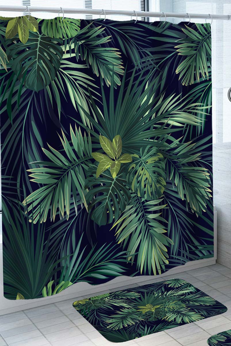 Tropical Shower Curtains Forest Green Palm Leaves