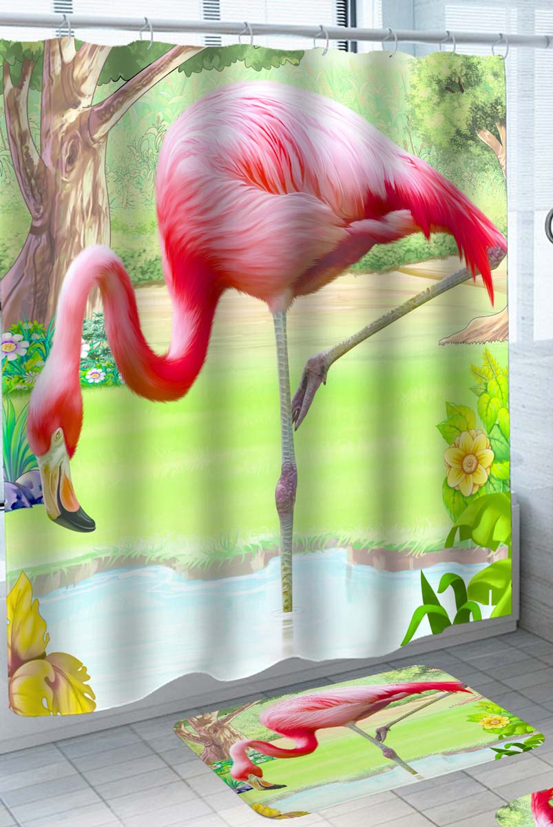 Tropical Shower Curtains Lake and Bright Pink Flamingo