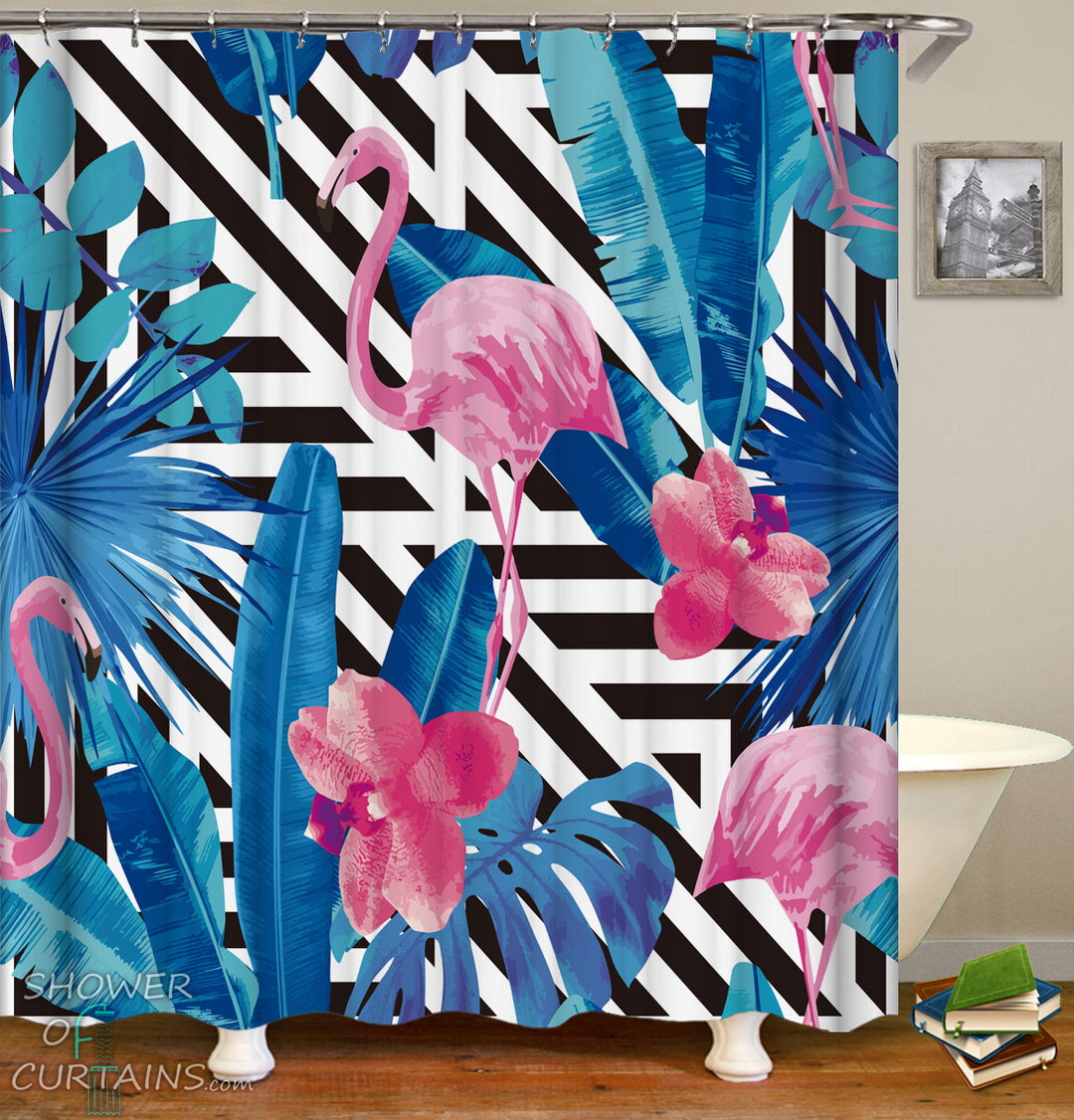 Tropical Flamingo Shower Curtains - Flamingos And Leaves