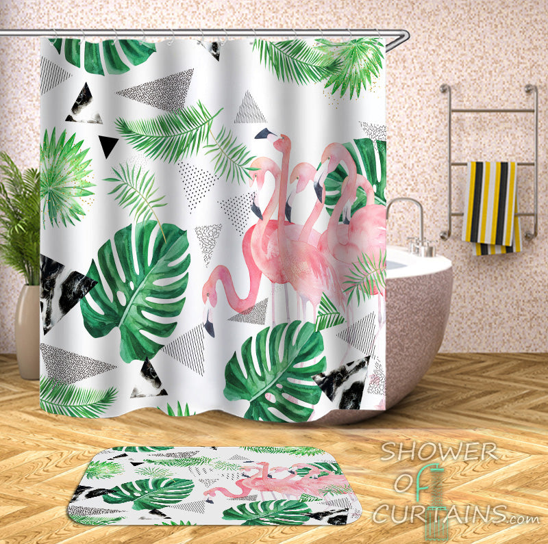 Tropical Flamingo Shower Curtains of Flamingo And Tropical Leaves