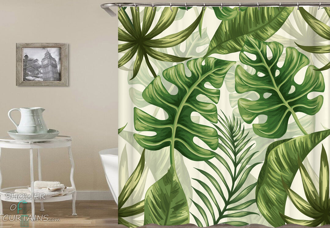 Tropical Leaf Shower Curtains of Fresh Green Shades