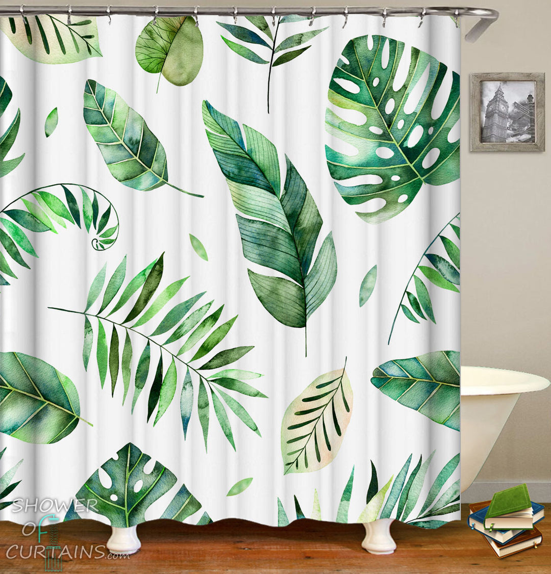 Tropical Leaf Shower Curtains of Modest Green Vibes