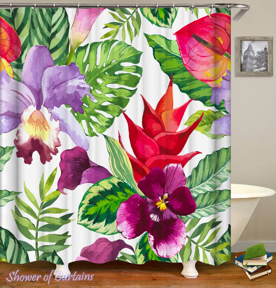 Tropical Shower Curtains - Colorful Tropical Flowers