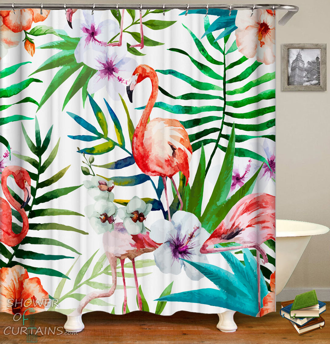 Tropical Shower Curtains of Art Painting Flamingos & Tropical Flowers